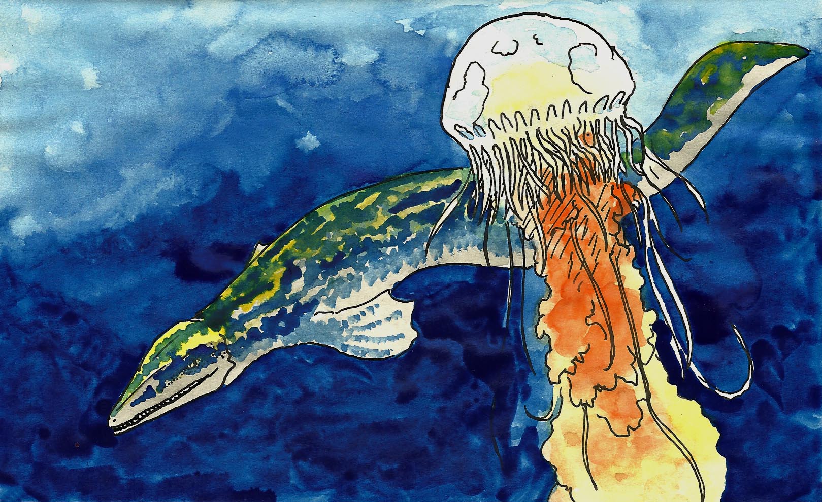 a mosasaur swims past a large jellyfish