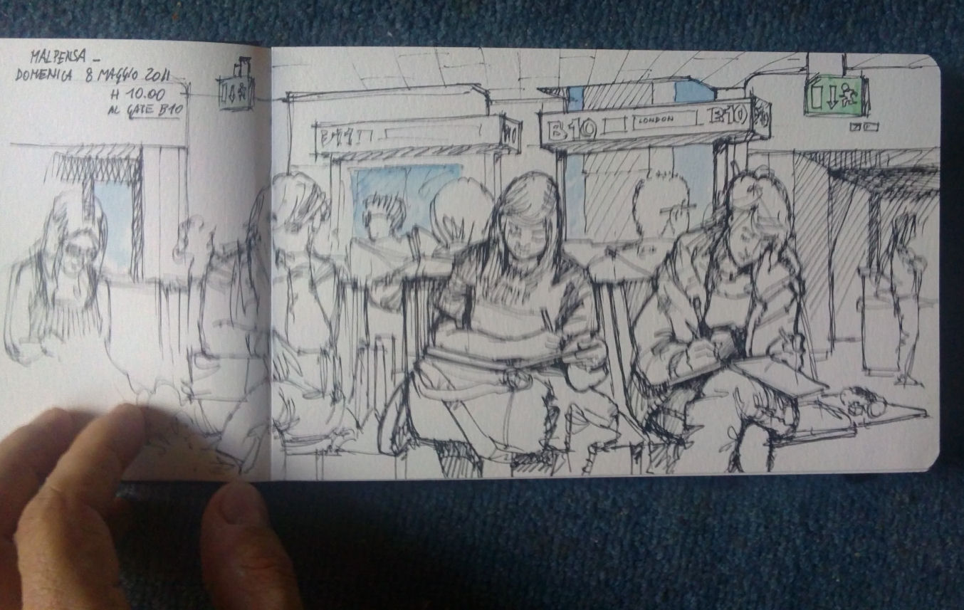 Malpensa airport: sketcher at work