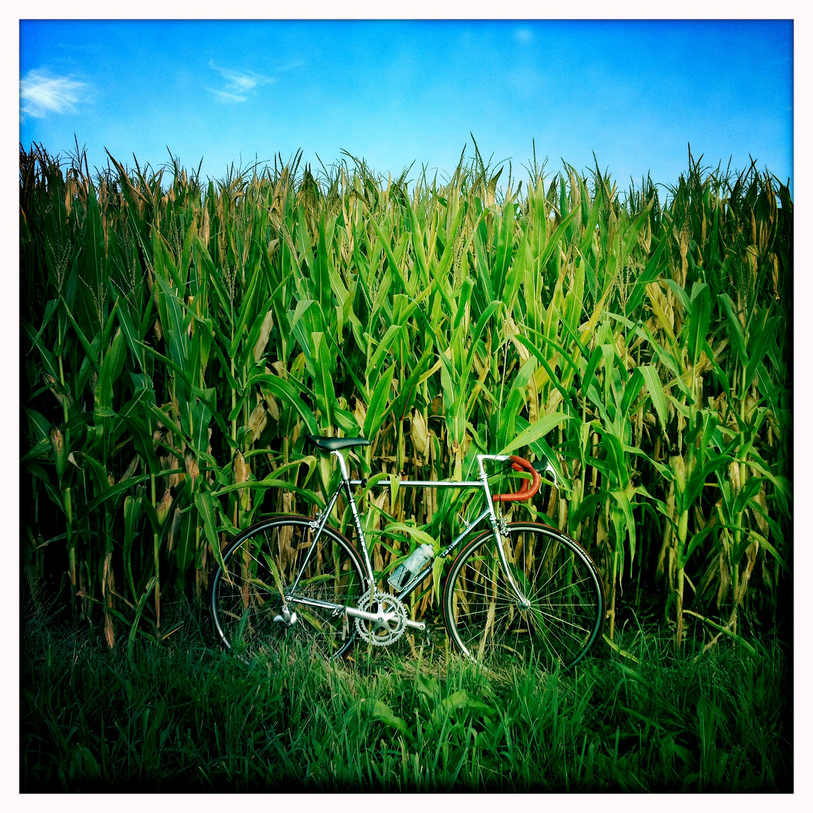 Exploring country roads astride a vintage racing bike.