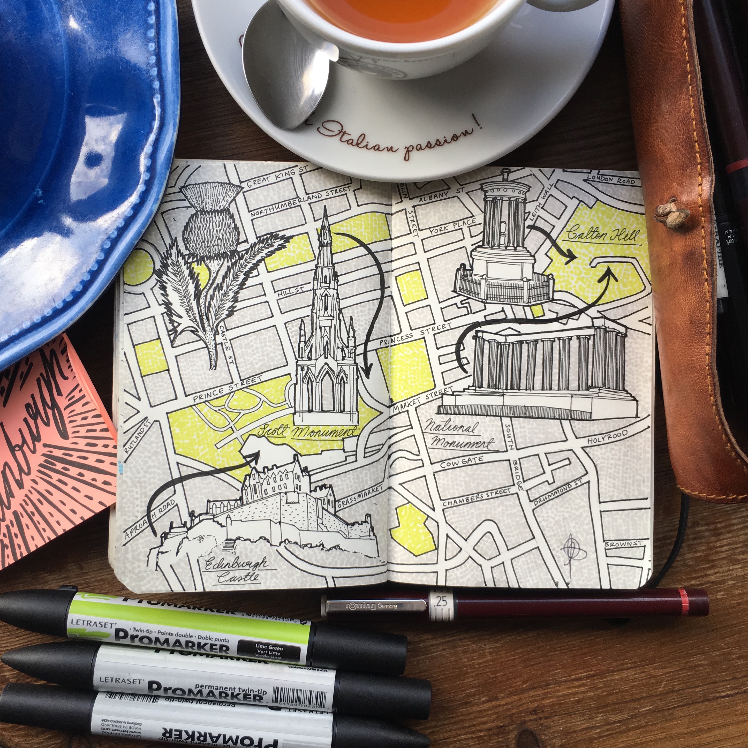 City Day Trip Map Drawing of Edinburgh, Scotland