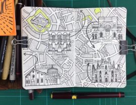 City Day Trip Map Drawing of Milan, Italy