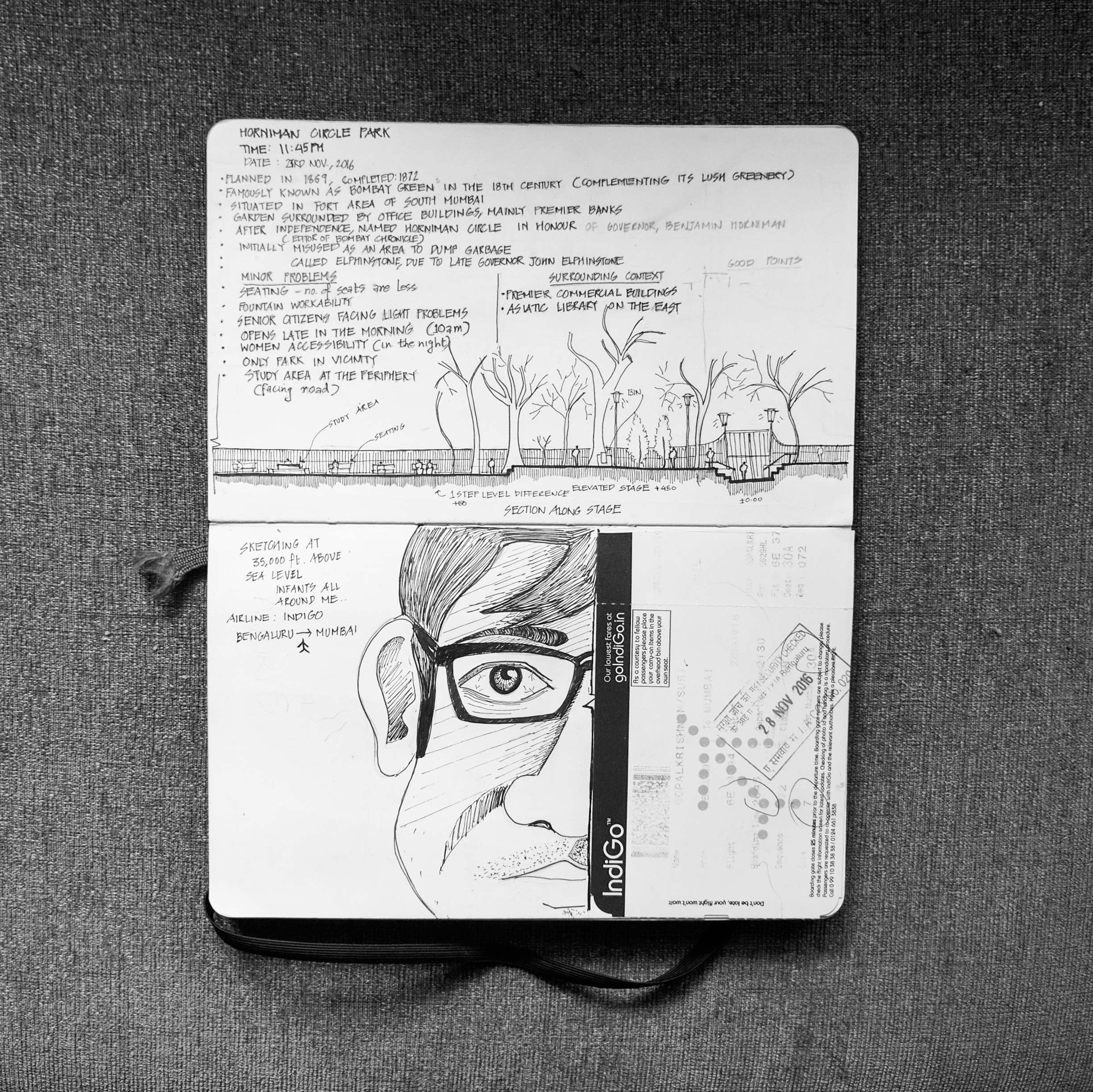 Horniman Circle park case study (top), Sketching in the aircraft (bottom)