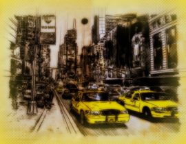 cabs in NYC, from rearview mirror