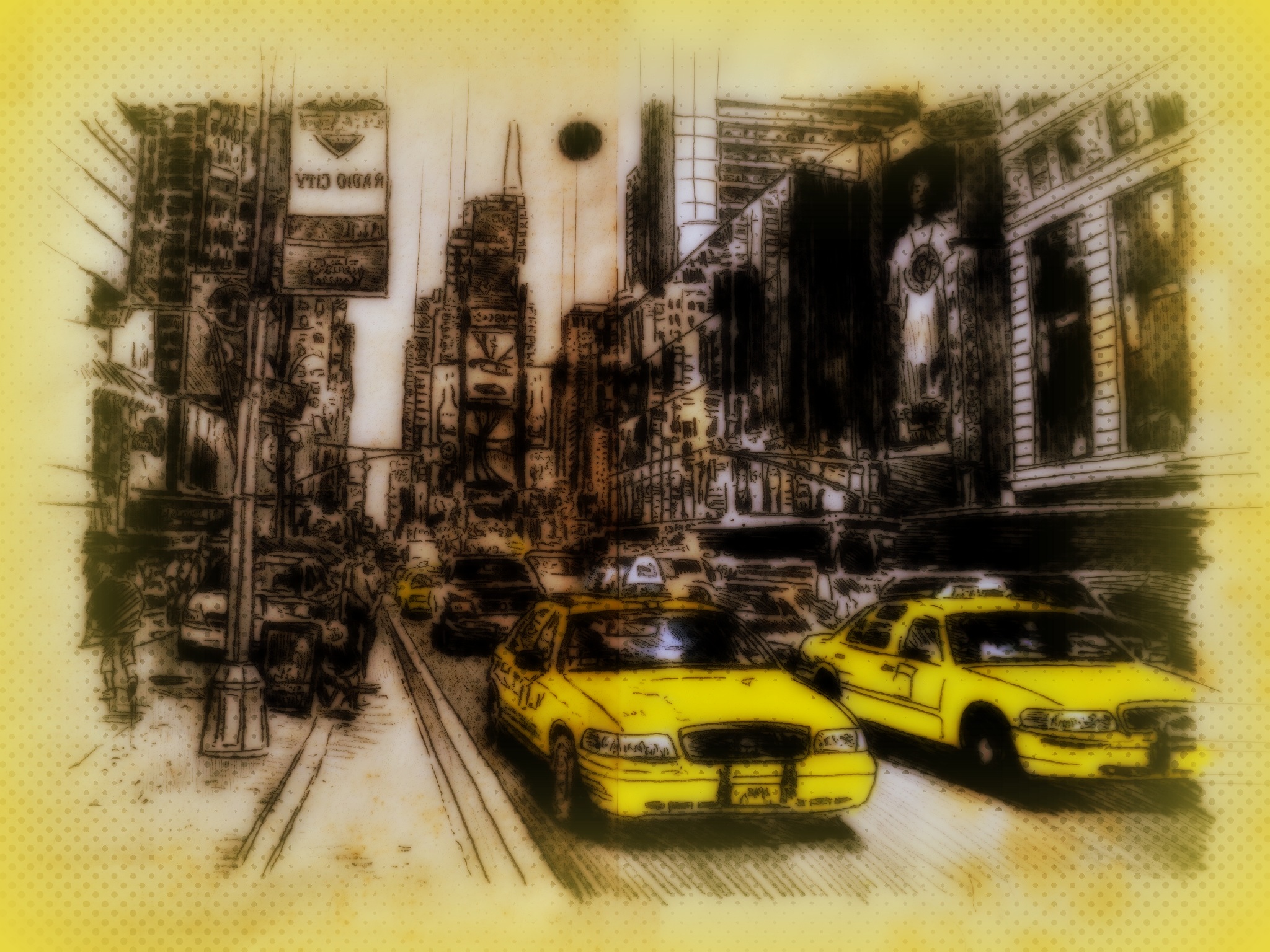 cabs in NYC, from rearview mirror