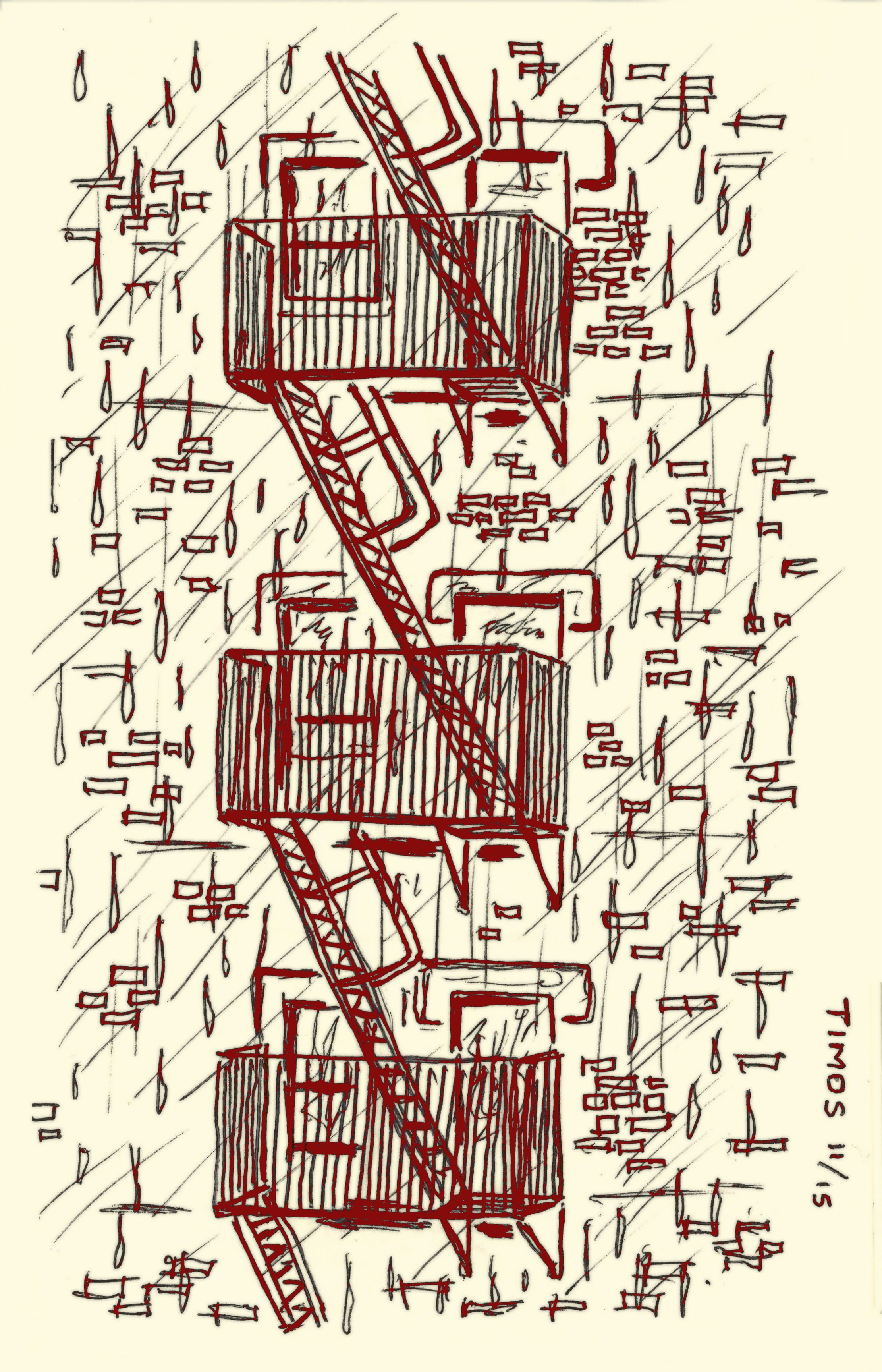 Fire escapes in rainstorm, Brooklyn