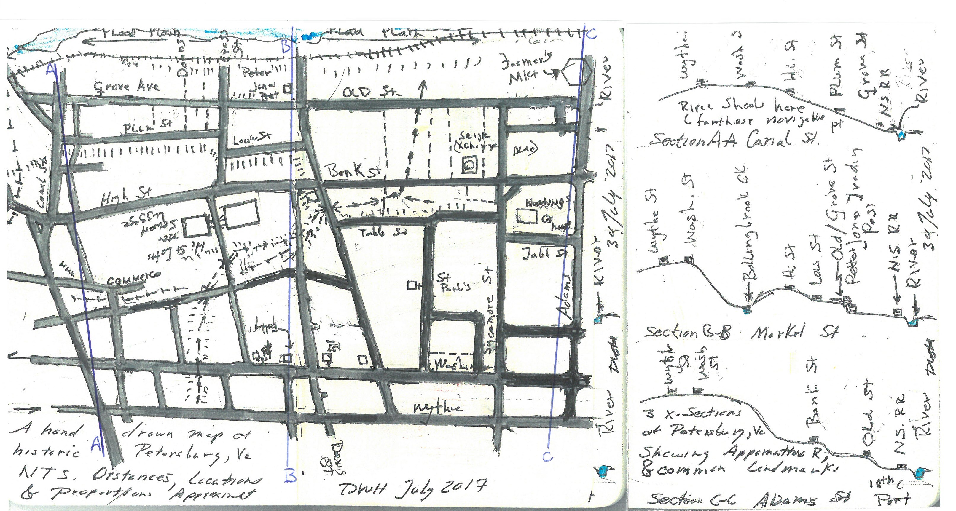 A Hand drawn Map of Historic Petersburg, VA