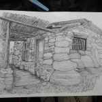 stone cottage house pen & ink