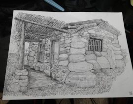 stone cottage house pen & ink