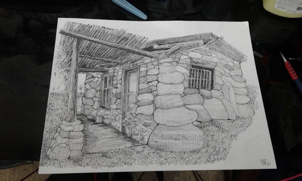 stone cottage house pen & ink