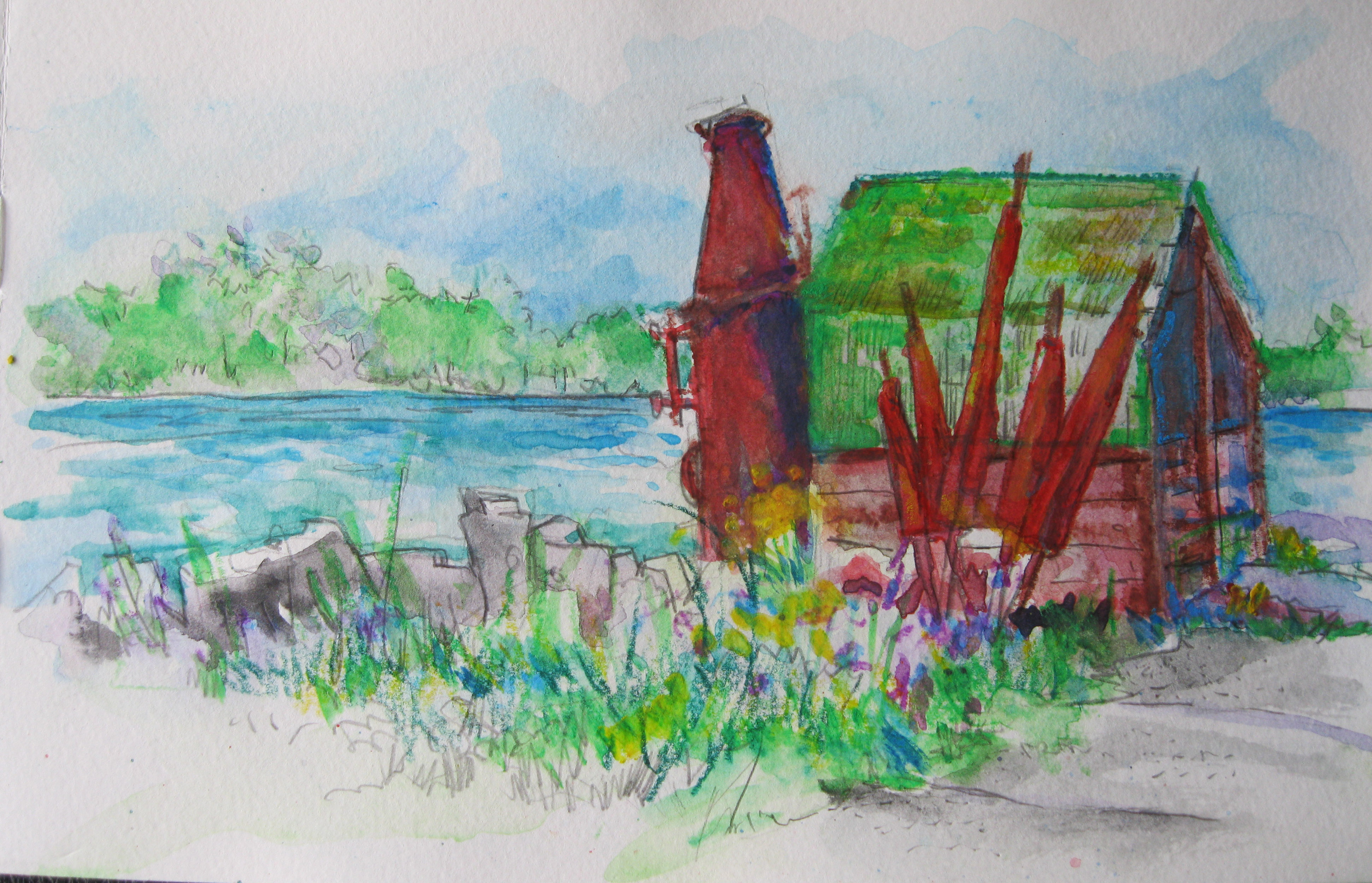 Watercolor pencils…Door County; Gills Rock…The Net Boiler