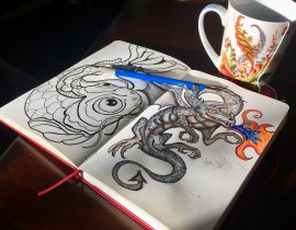 Koi Fish and Dragon sketch Ink ideas for journal cover