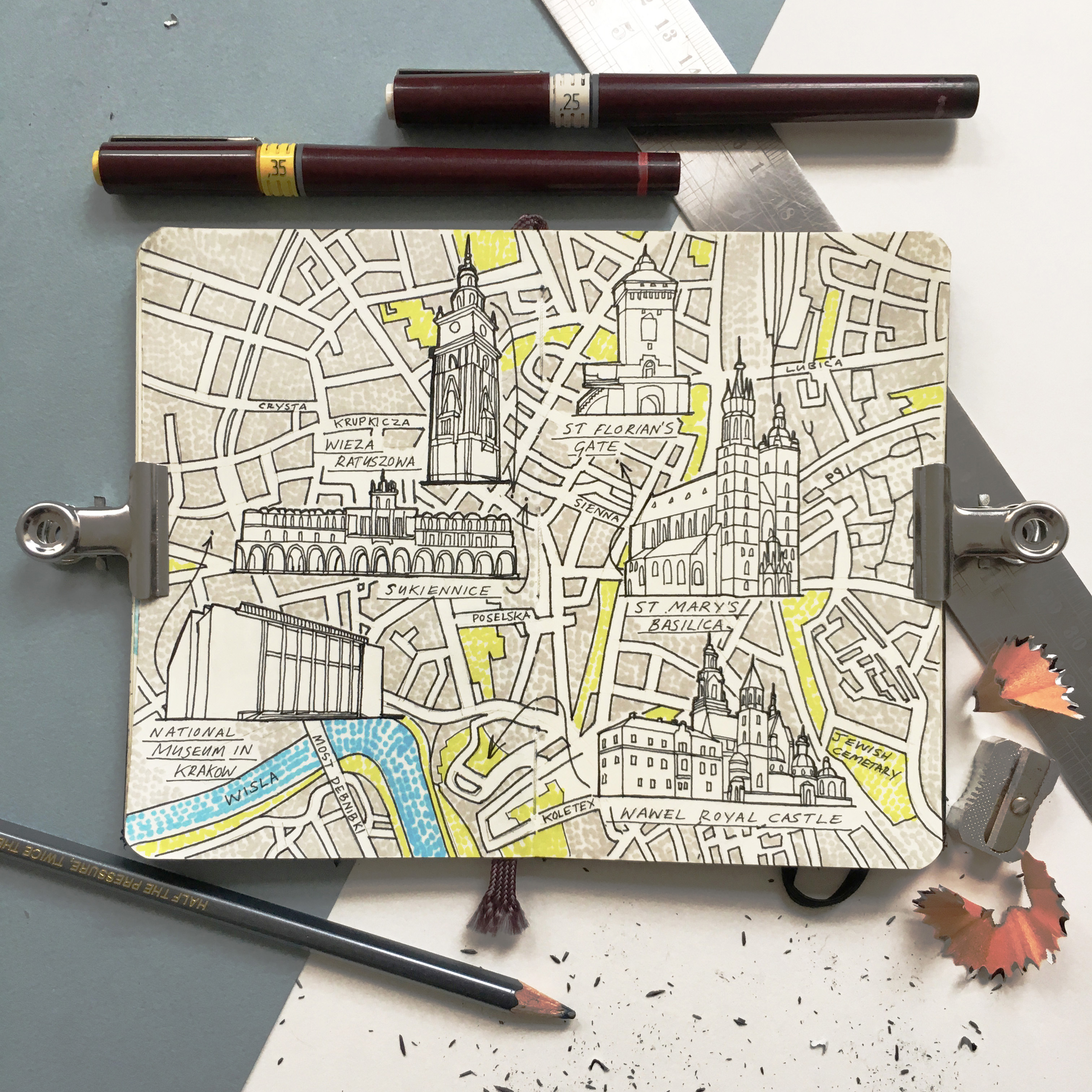 City Map Drawing of Krakow, Poland