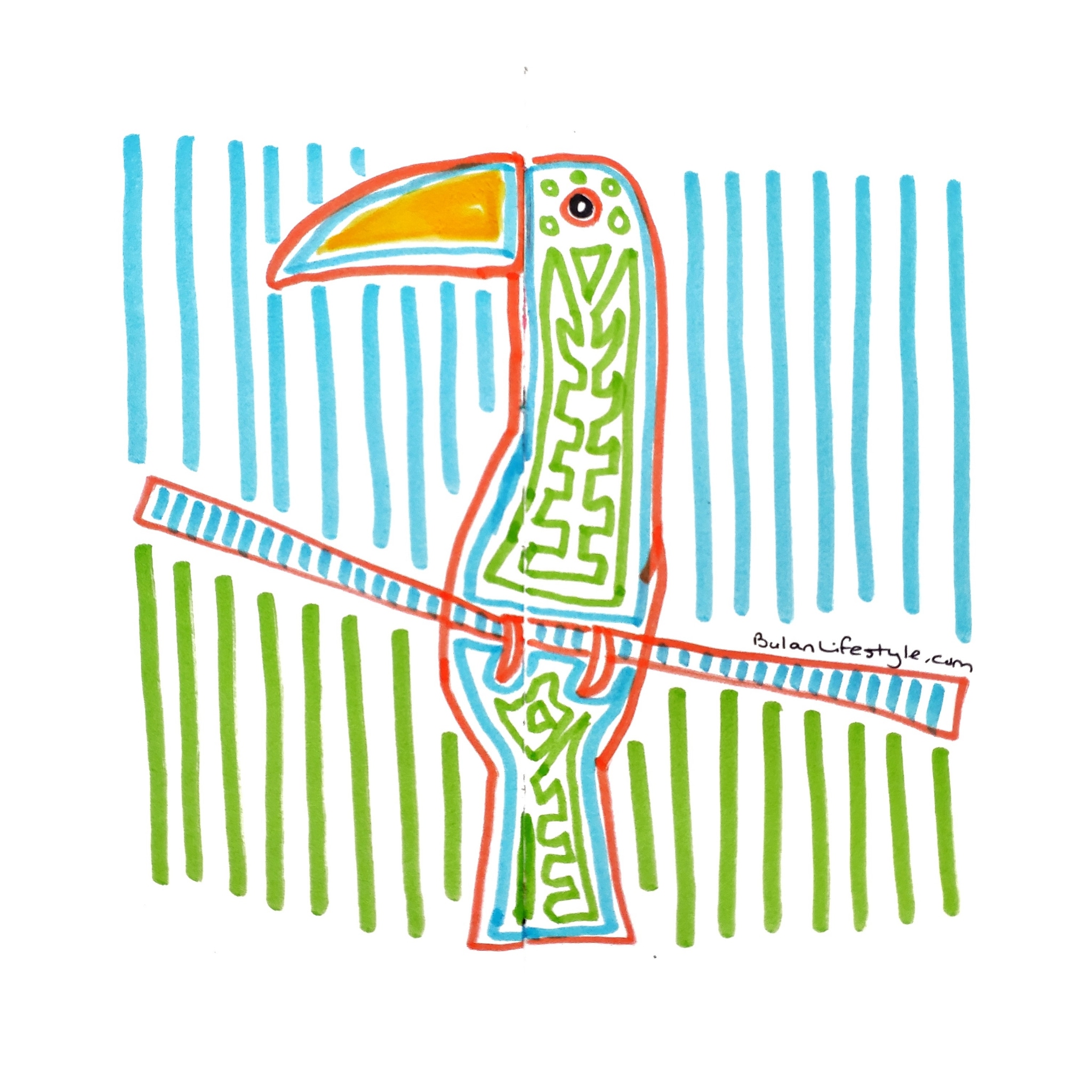 Toucan folk art in the style of Guna Indian Mola art