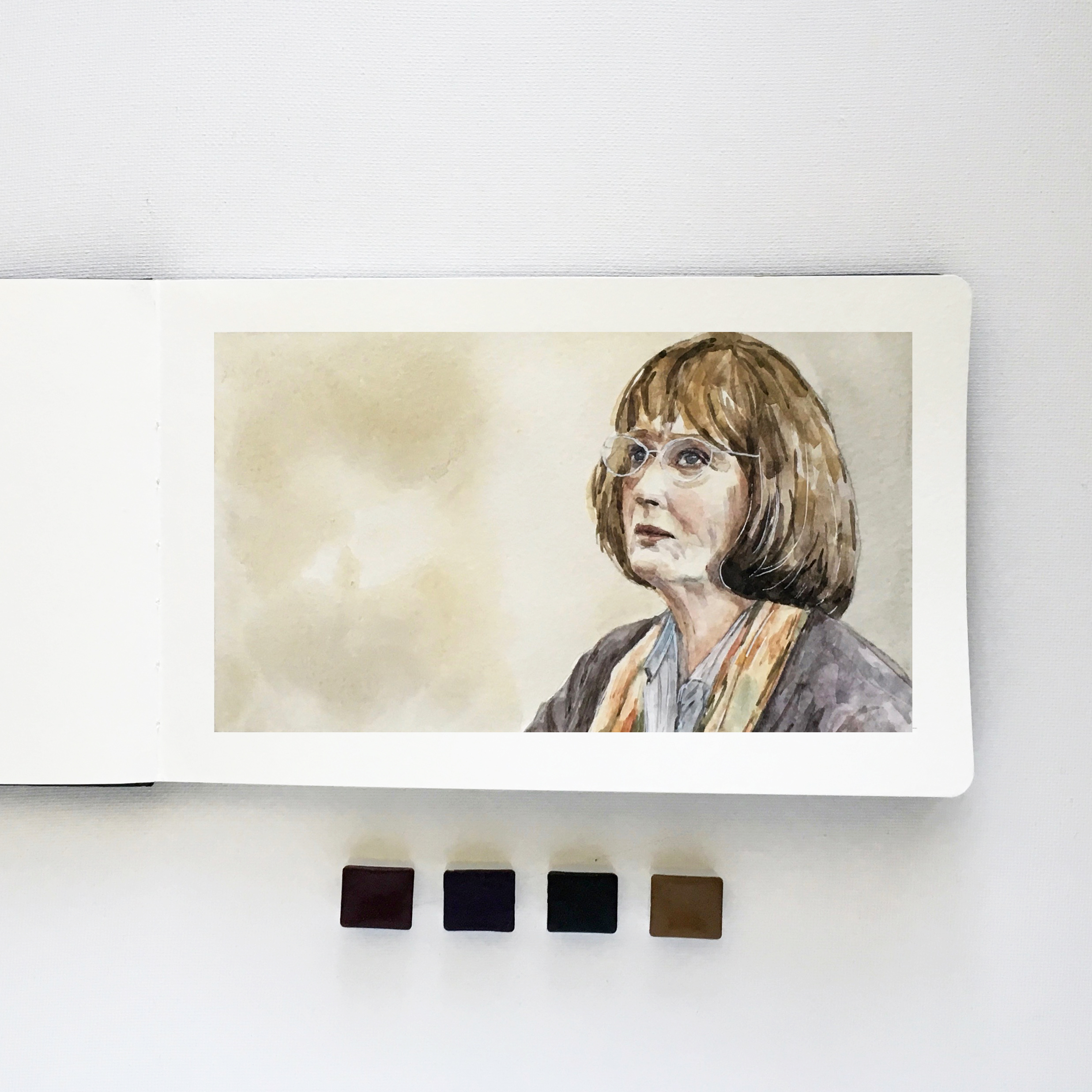 Meryl Streep in Big Little Lies – Watercolor Portrait in Moleskine (5.x8)