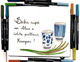 Blue and white sake cups