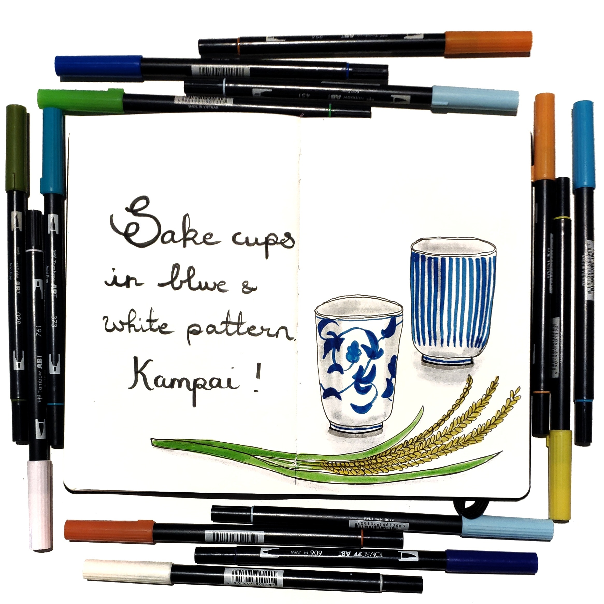Blue and white sake cups