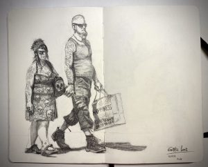 Pencil sketch, two “tourist” on the boardwalk of Ostend (Belgium) out of my serie “La mal bouf