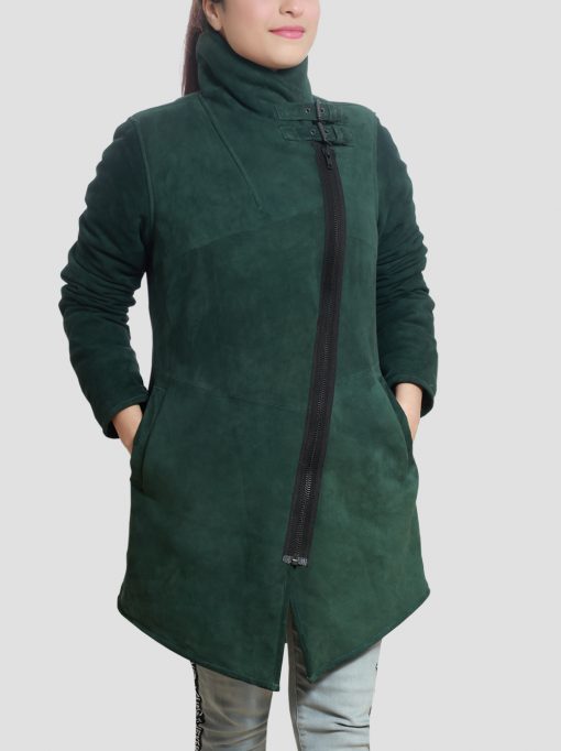 Regina Sheepskin Leather Green Shearling Coat for Women