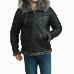 Black Sheepskin Shearling Aviator Fur Hooded Leather Jacket