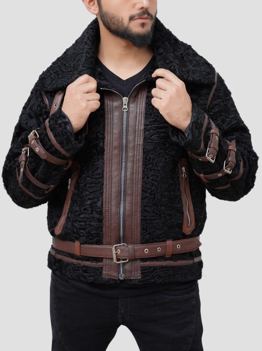 Real Belted Black Goat Curly Shearling Bomber Leather Jacket